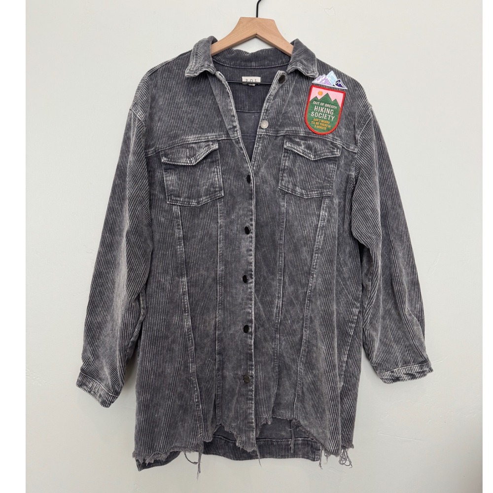 POL Gray Corduroy Hiking Society Patch Oversized Shacket Distressed Tattered L